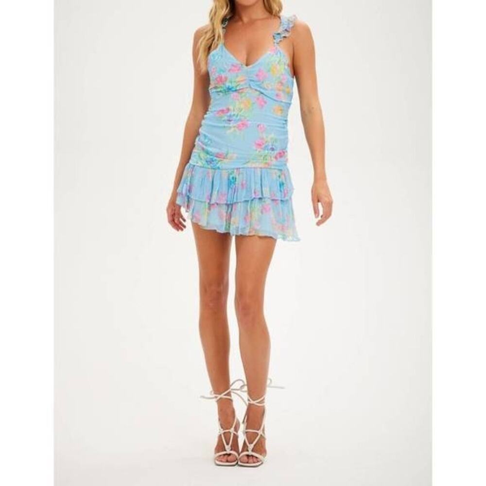 LoveShackFancy Desra Sky Lullaby Floral Ruched Ruffle Mini Dress Small 4 S